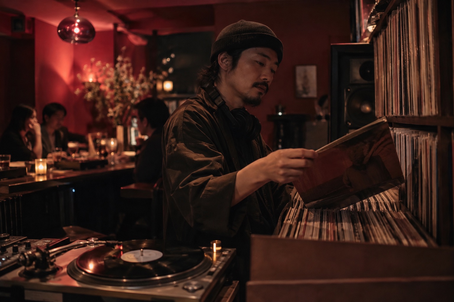 도쿄의 작은 리스닝 바에서 레코드를 고르는 DJ Ren